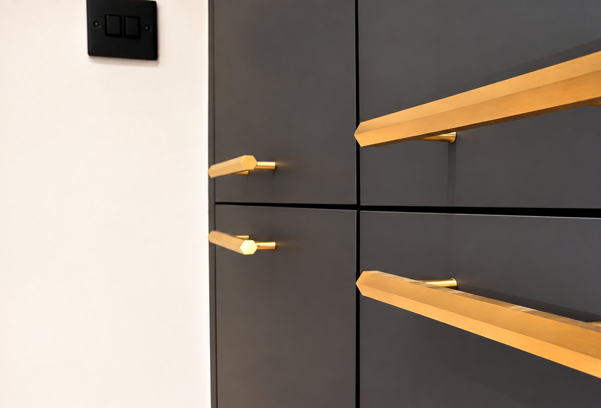 Brass handle details from our charcoal kitchen installation in Godmanchester.